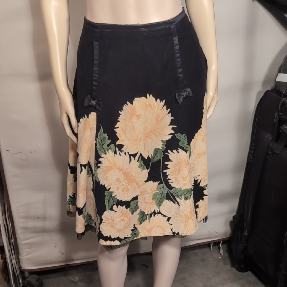Anthropologie Velvet Black and Yellow Floral A-Line Skirt